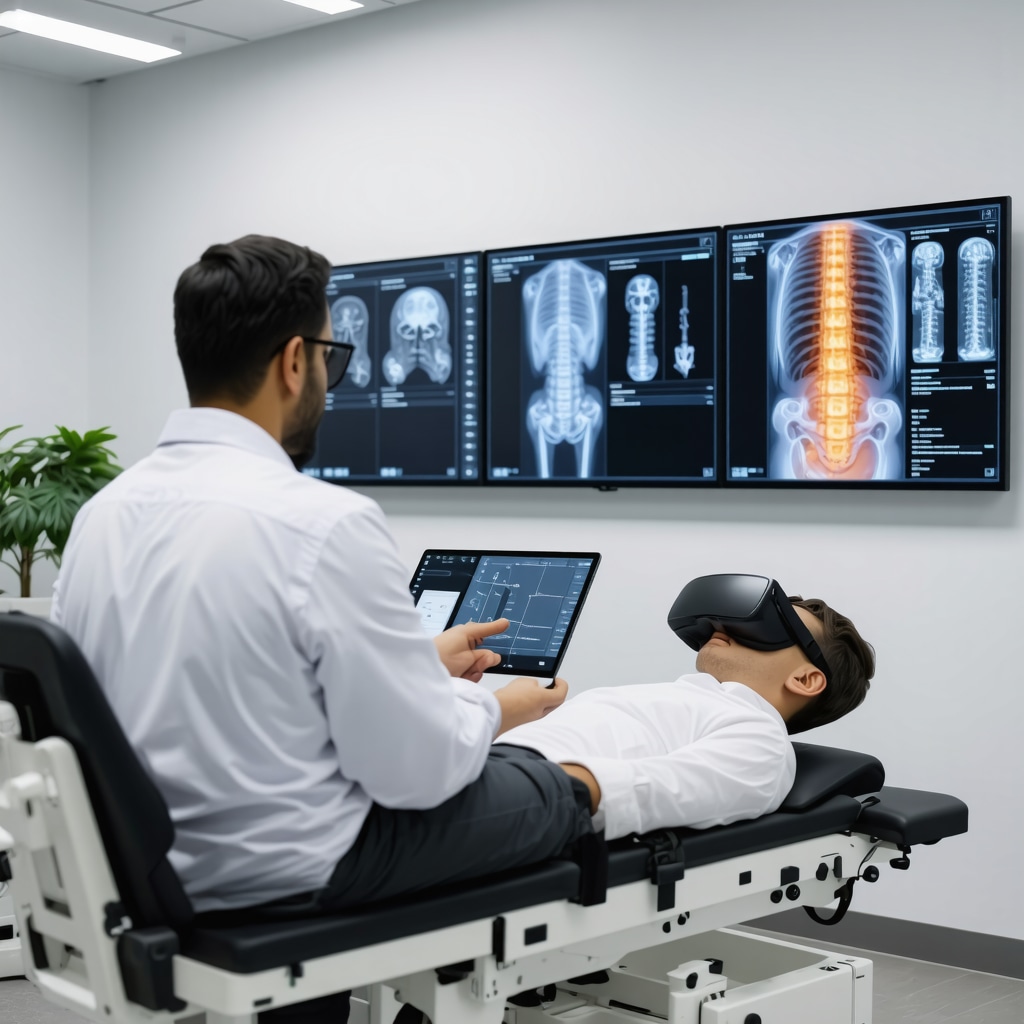 Orthopedic doctor using AI-based spinal imaging while patient engages in sensorimotor rehabilitation with VR equipment