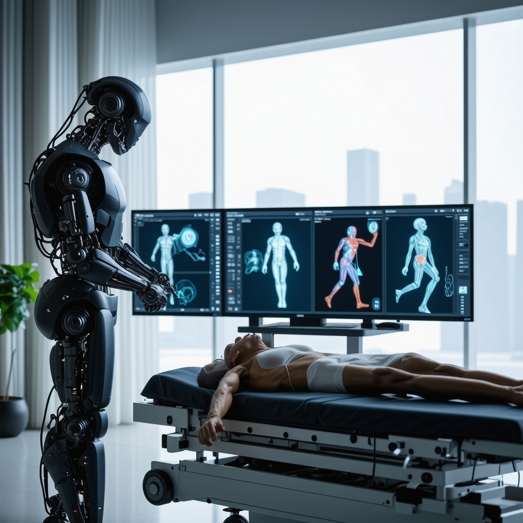 Patient using AI robotic exoskeleton with biomechanical analytics displays