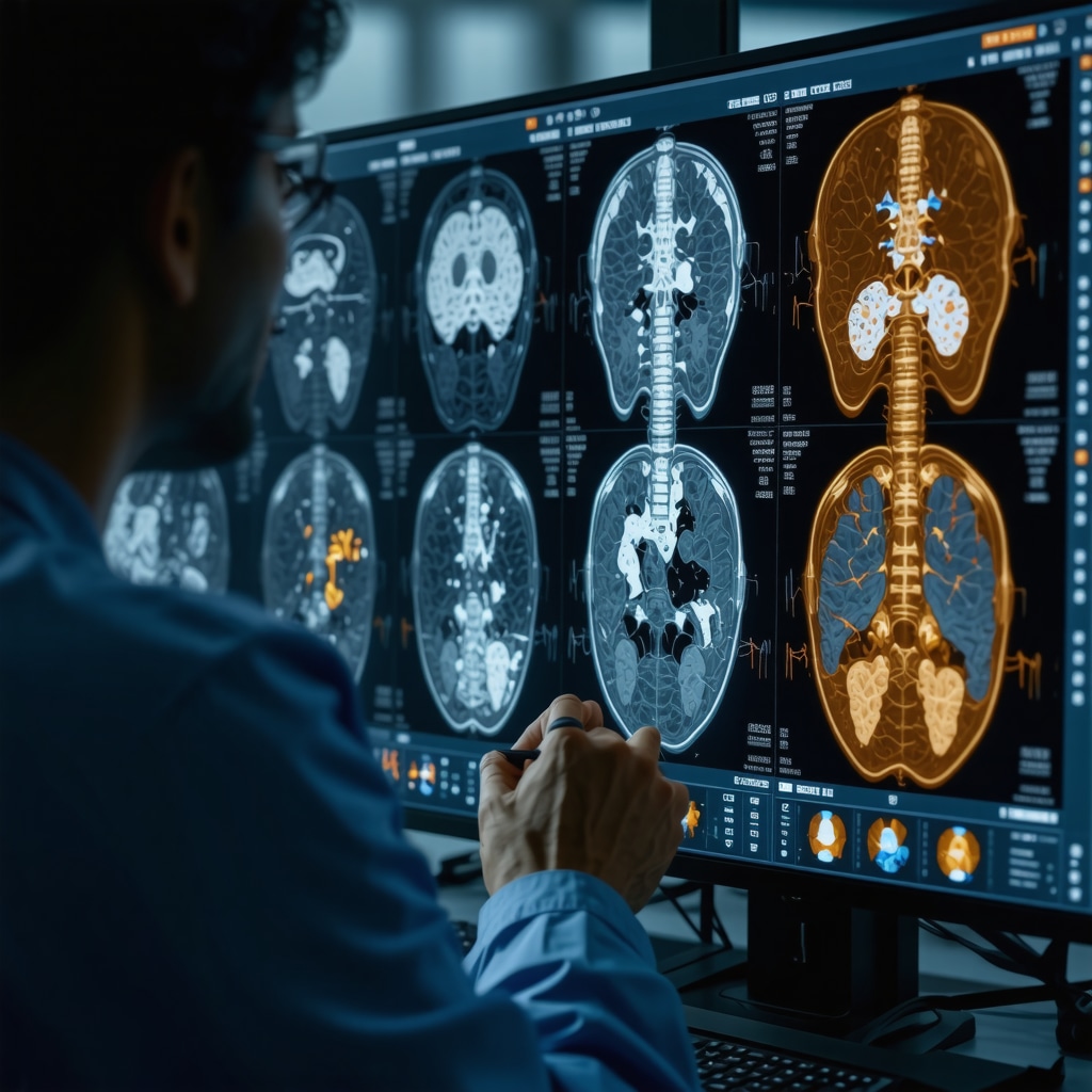 Radiologist reviewing 3D orthopedic images with AI assistance on computer screen