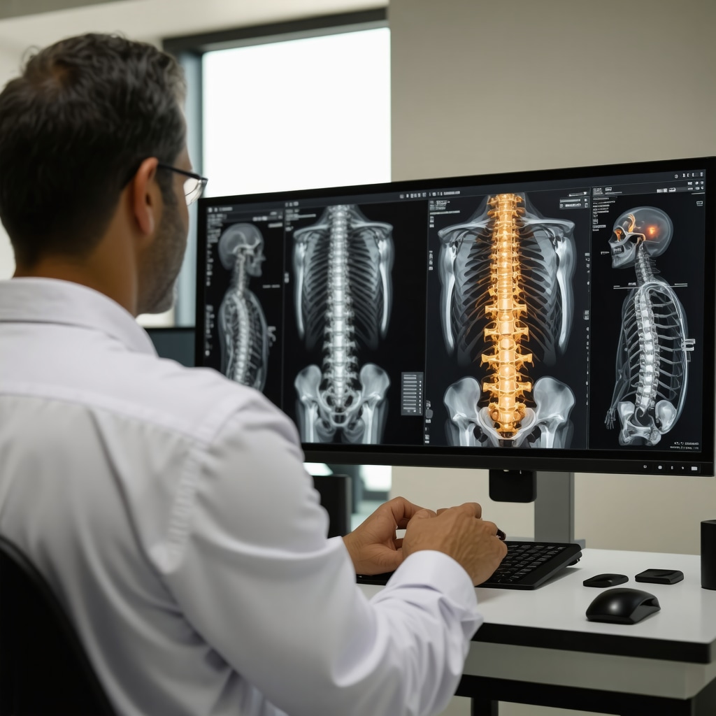 Spine specialist reviewing 3D spinal imaging with patient in New Jersey clinic