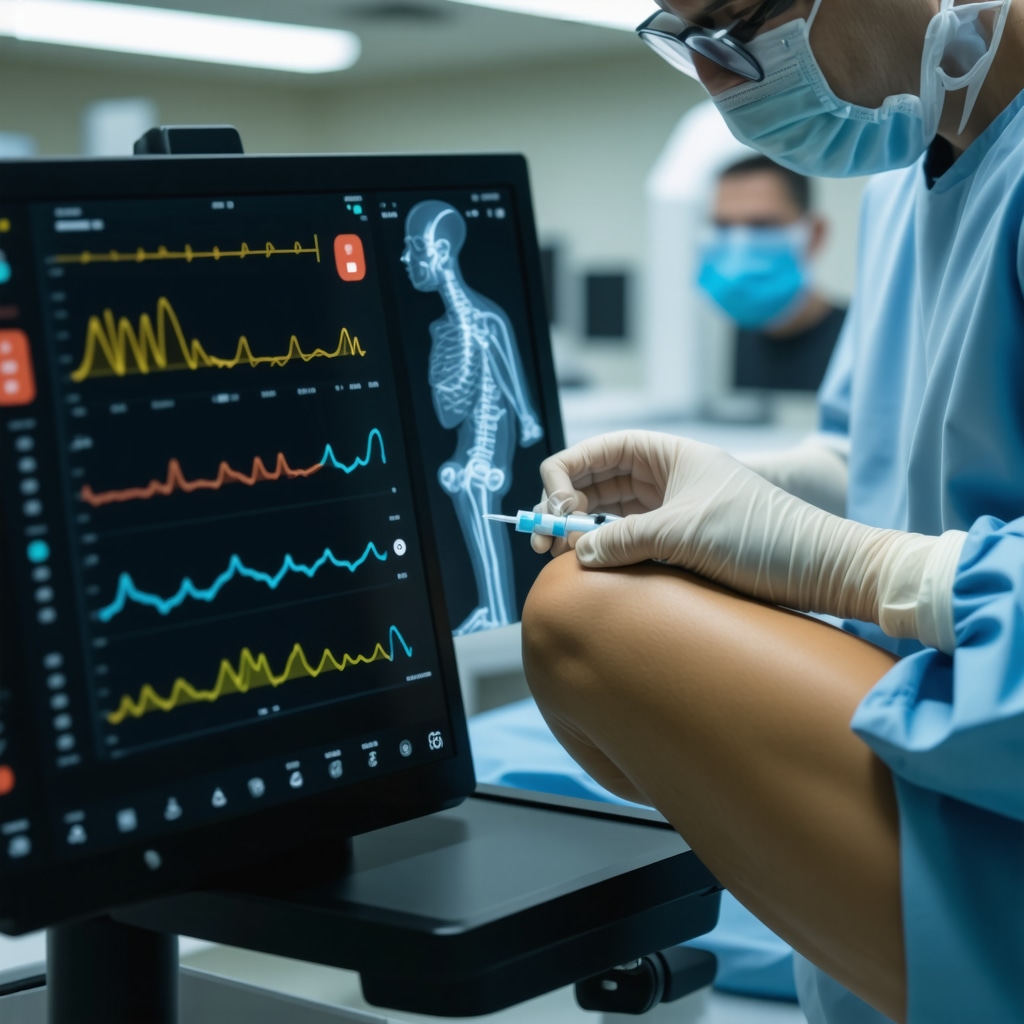 Orthopedic specialist performing AI-assisted injection guided by imaging technology in a modern clinic