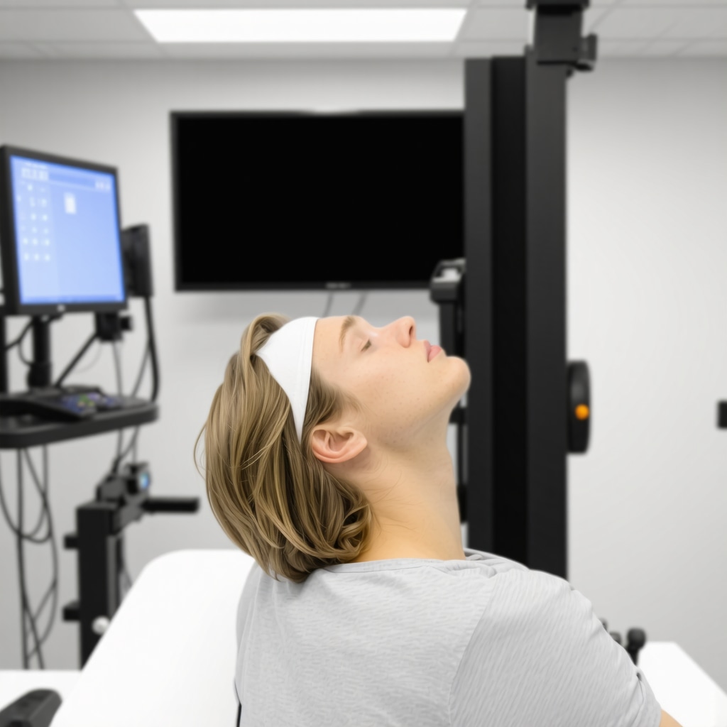 Patient receiving 3D biomechanical posture assessment in orthopedic clinic for tension headache management