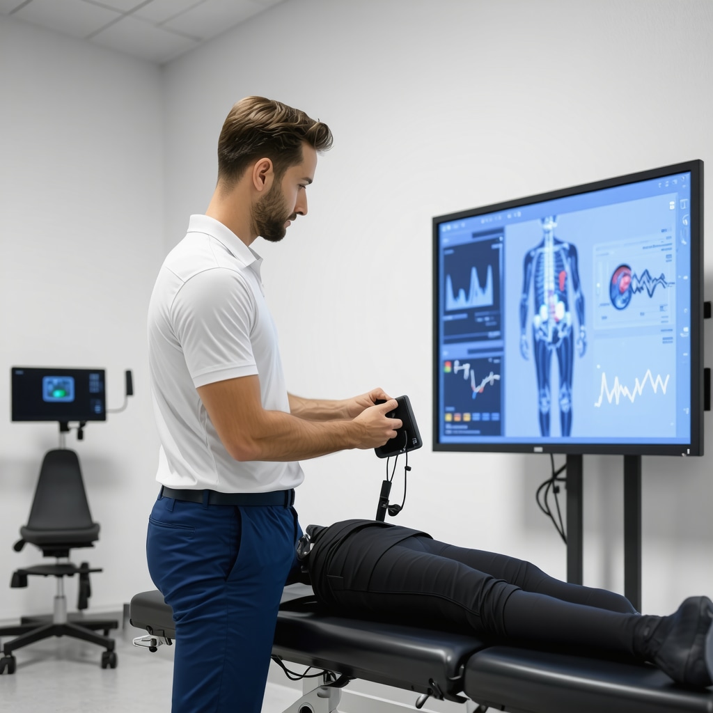 Patient with wearable sensors undergoing biomechanical analysis for orthopedic rehabilitation
