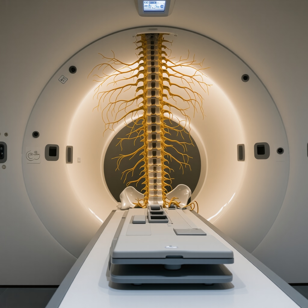 MRI scanner displaying diffusion tensor imaging maps of lumbar spine nerve fibers