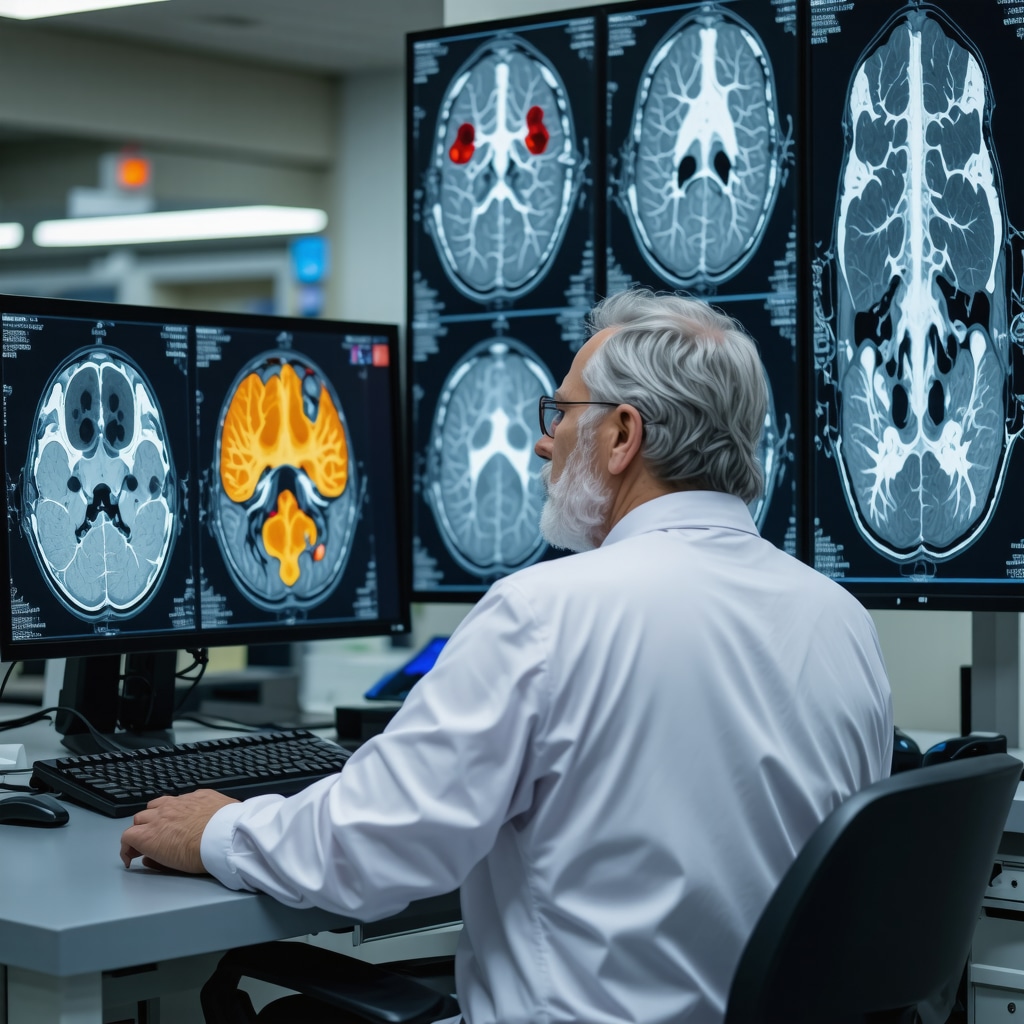Doctor reviewing 3D nerve fiber tracts and functional MRI scans for chronic back pain assessment