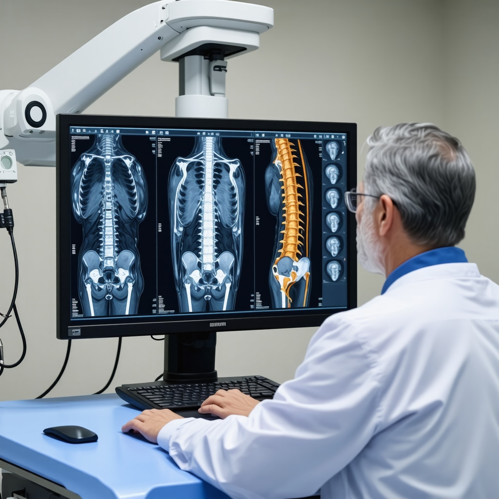 Specialist reviewing advanced MRI and neurography scans of lumbar spine and sciatic nerve in modern medical facility
