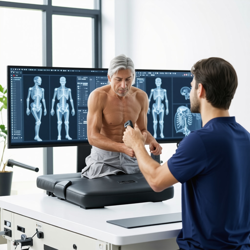 Patient undergoing 3D posture analysis with clinician in a modern orthopedic clinic