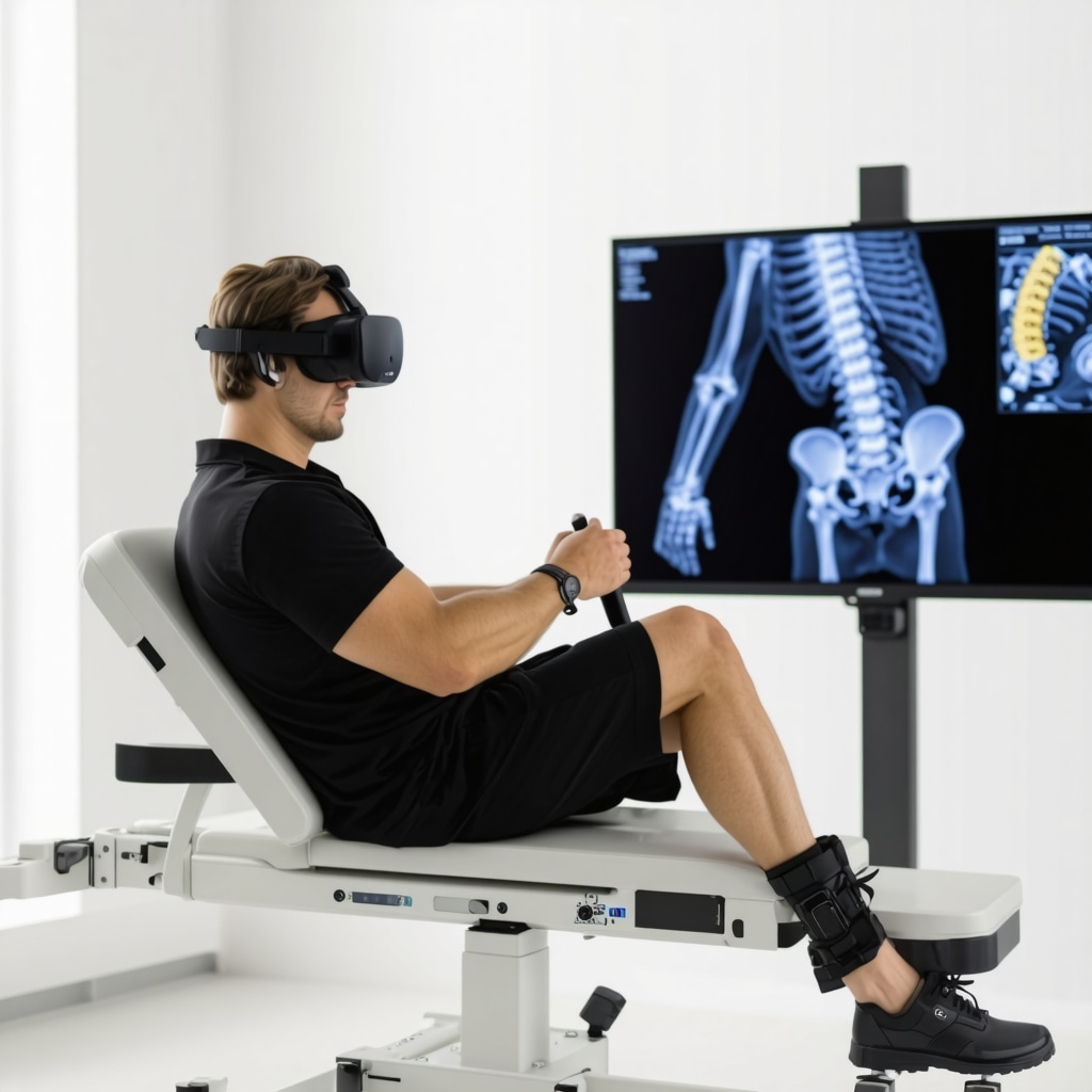 Patient undergoing virtual reality-based sciatic nerve rehabilitation with wearable motion sensors and biomechanical spine model display