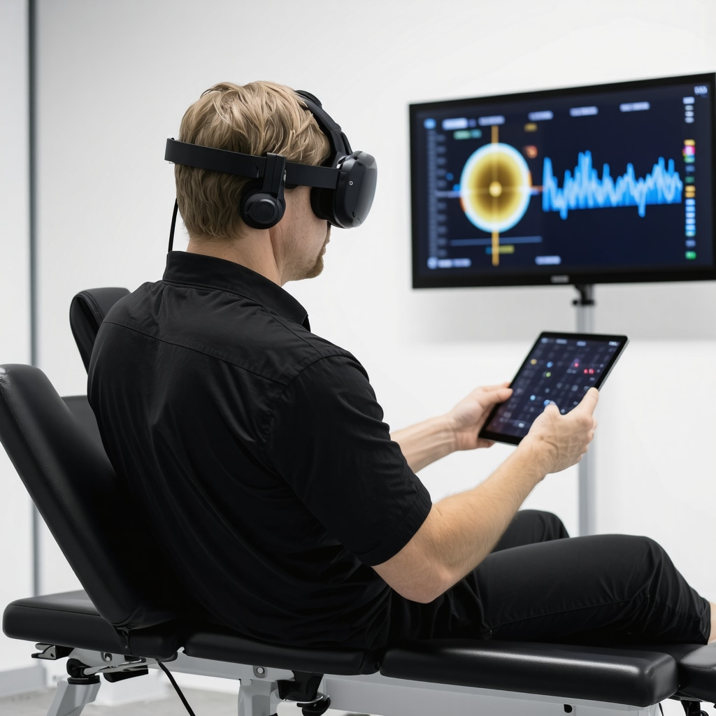 Patient undergoing lumbar fusion recovery using wearable sensors and virtual reality therapy in a modern clinic