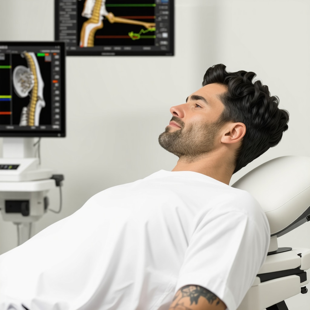Patient receiving spinal decompression therapy with biofeedback monitors showing spinal alignment and muscle tension
