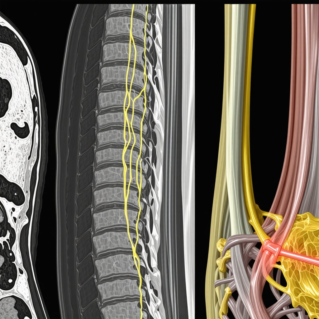 Medical illustration of advanced spinal imaging and regenerative therapies for slipped disc