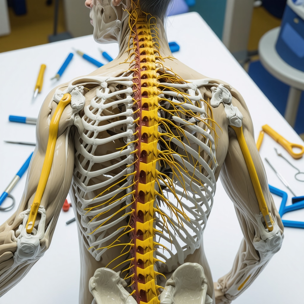 Medical illustration of advanced spine imaging with neural pathways and surgical tools
