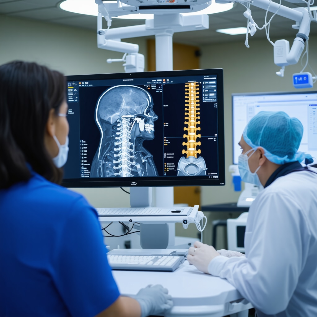 Medical team analyzing cervical spine MRI in a high-tech clinical environment