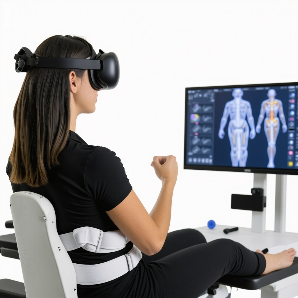 Patient utilizing wearable spinal sensors and virtual reality in a rehabilitation clinic for lumbar fusion recovery