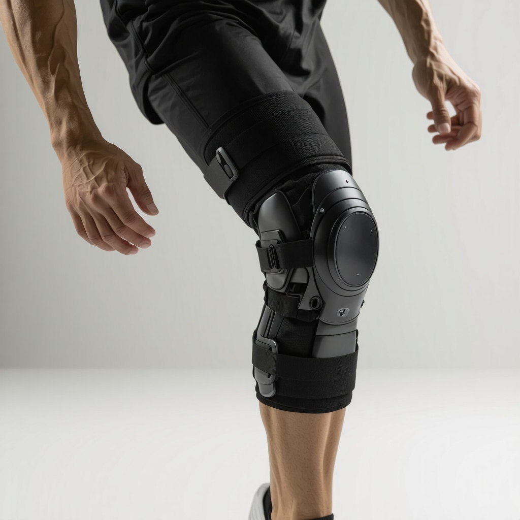 High-tech orthopedic knee brace with sensors providing adaptive joint support during rehabilitation