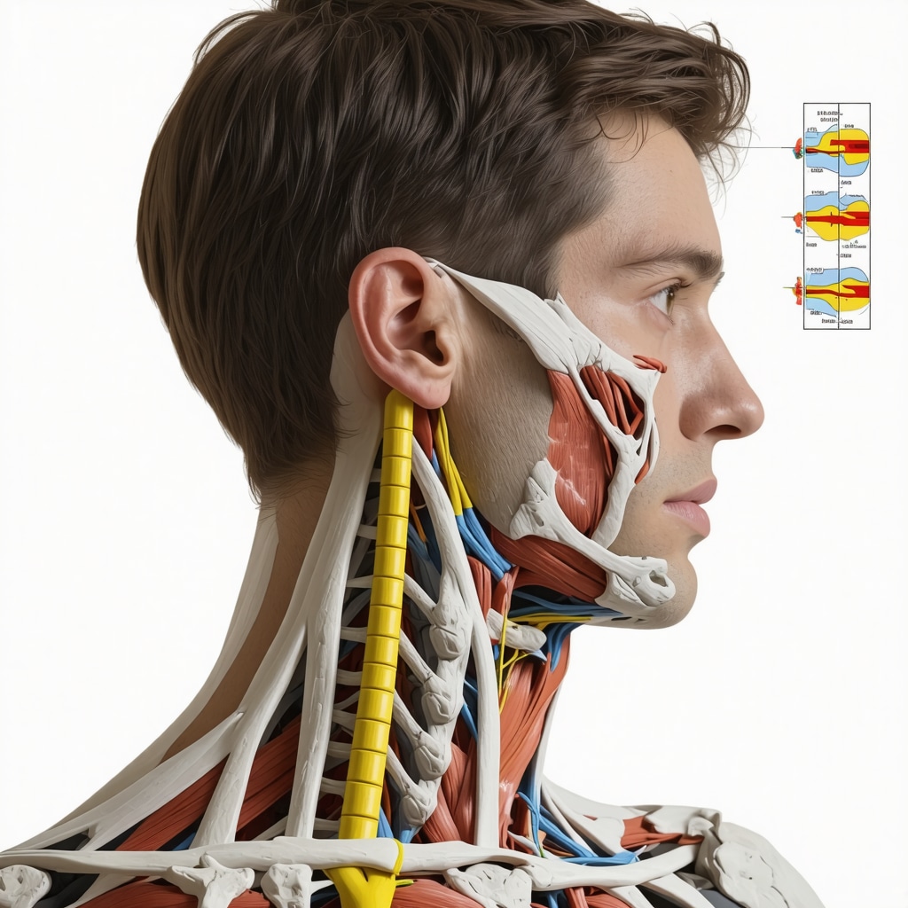 Illustration of cervical spine anatomy highlighting muscles, nerves, and diagnostic tools relevant to tension headaches
