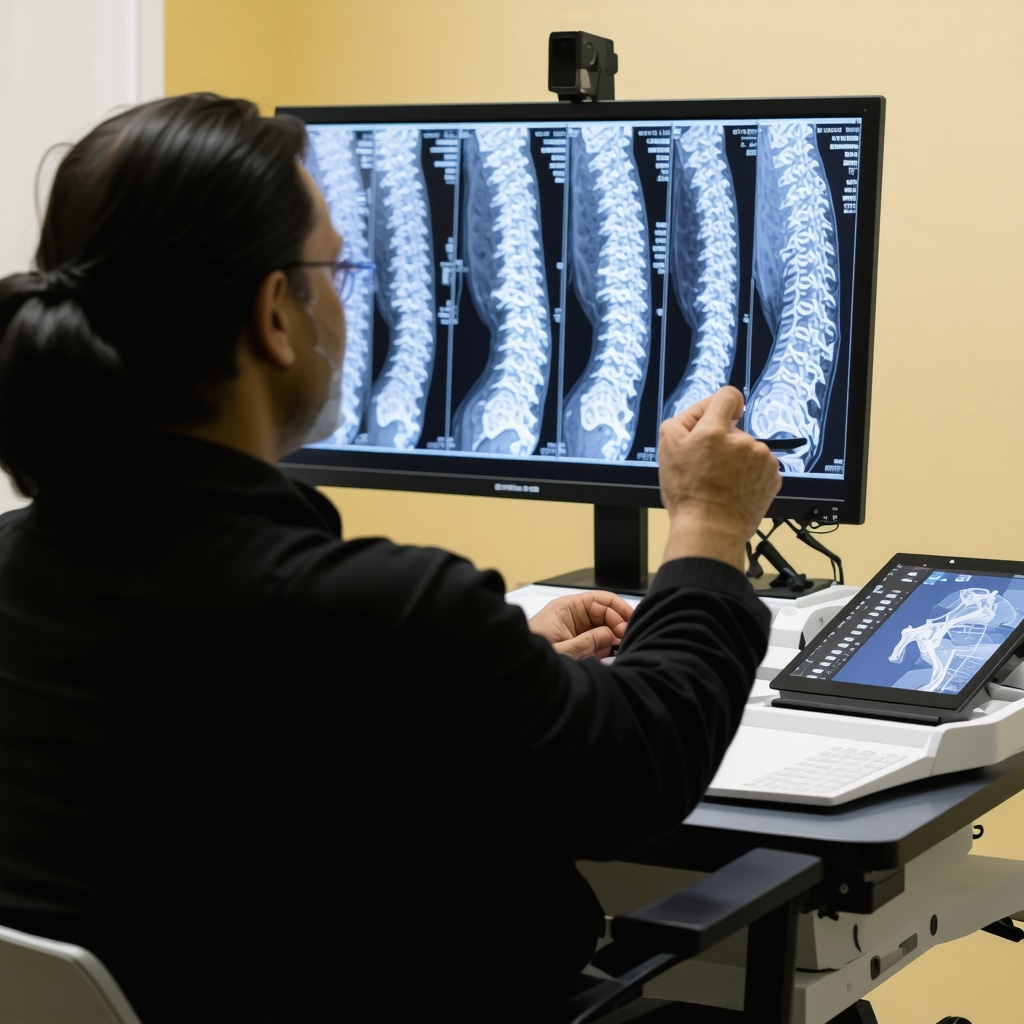 Patient and spine specialist reviewing advanced imaging scans together