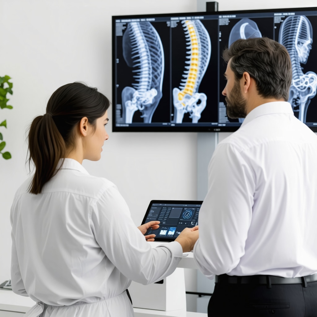 Specialists collaborating in a spine clinic using digital imaging and wearable devices for spine pain management