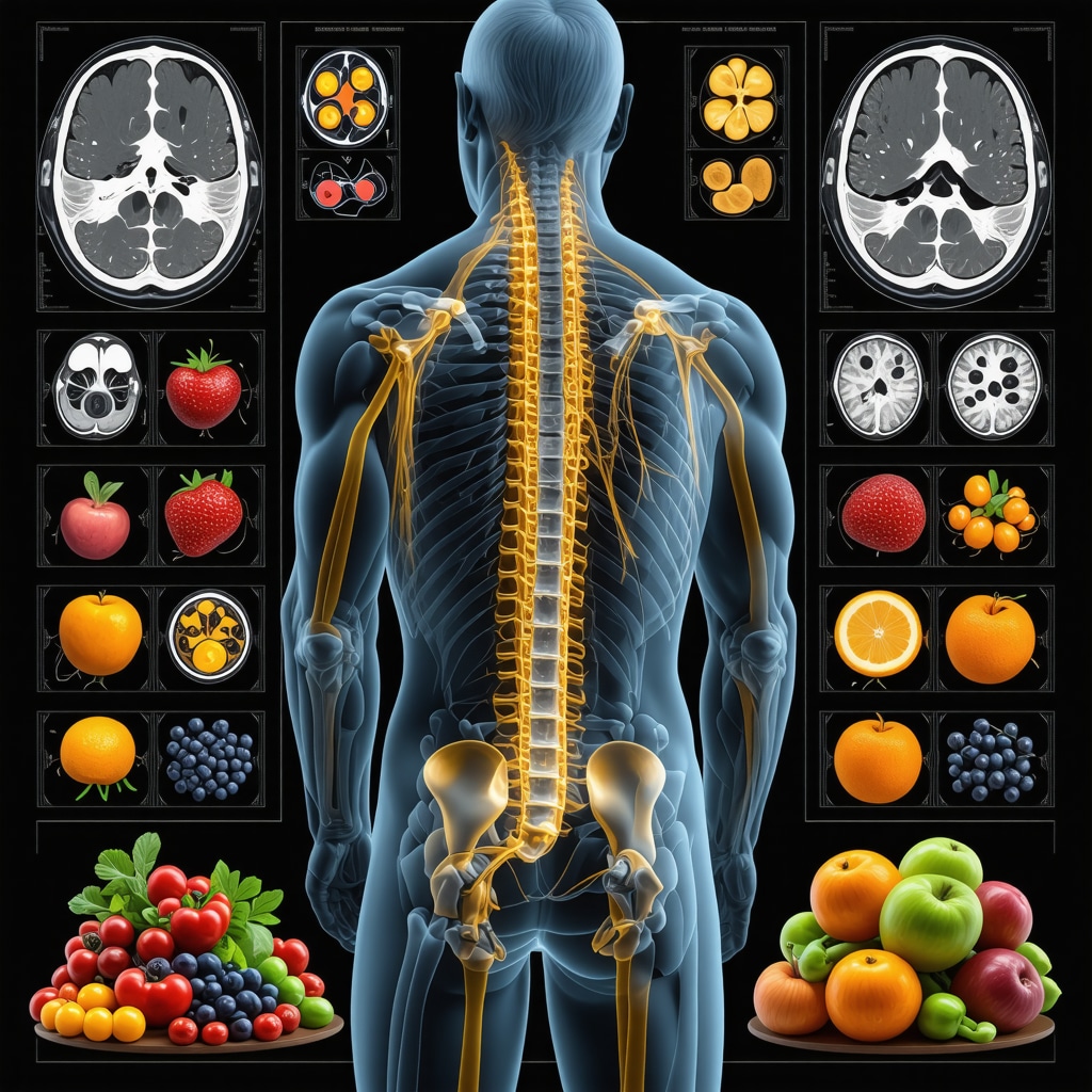 Advanced spinal imaging, neuromodulation therapy, and precision nutrition illustration for back pain management