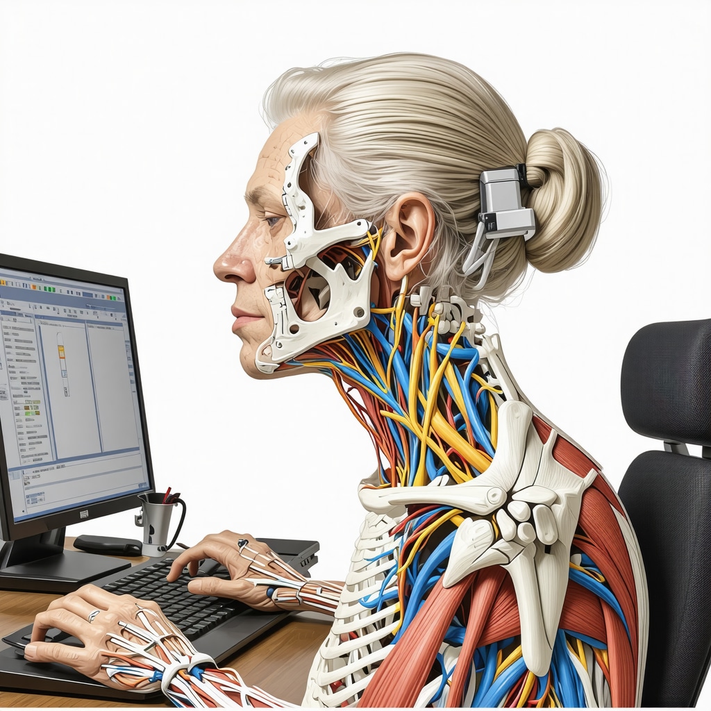 Anatomical diagram of deep neck muscles with nerve pathways and image of person using posture-correcting wearable device