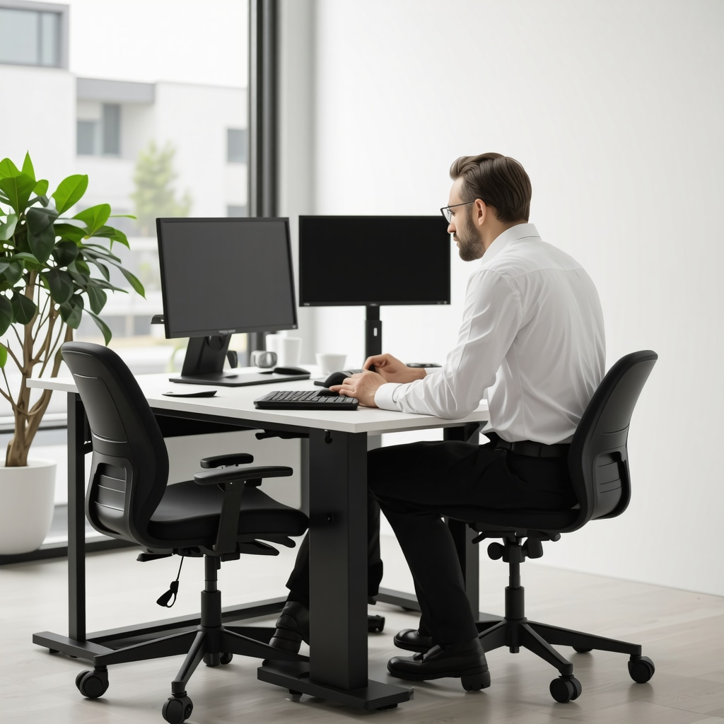 Orthopedic specialist consulting injured worker in modern ergonomic workplace with wearable sensors