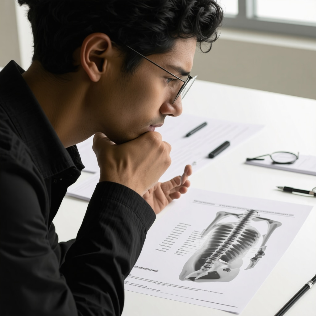 Person reviewing orthopedic X-rays and workers compensation paperwork