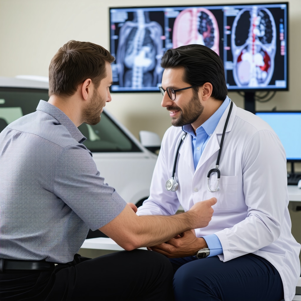 Orthopedic doctor reviewing diagnostic images with patient after car accident injury