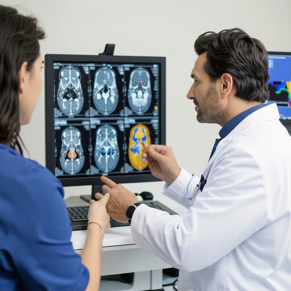 Orthopedic specialist showing MRI and ultrasound images to patient in New Jersey clinic