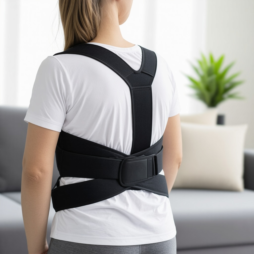Person wearing orthopedic support brace on lower back at home