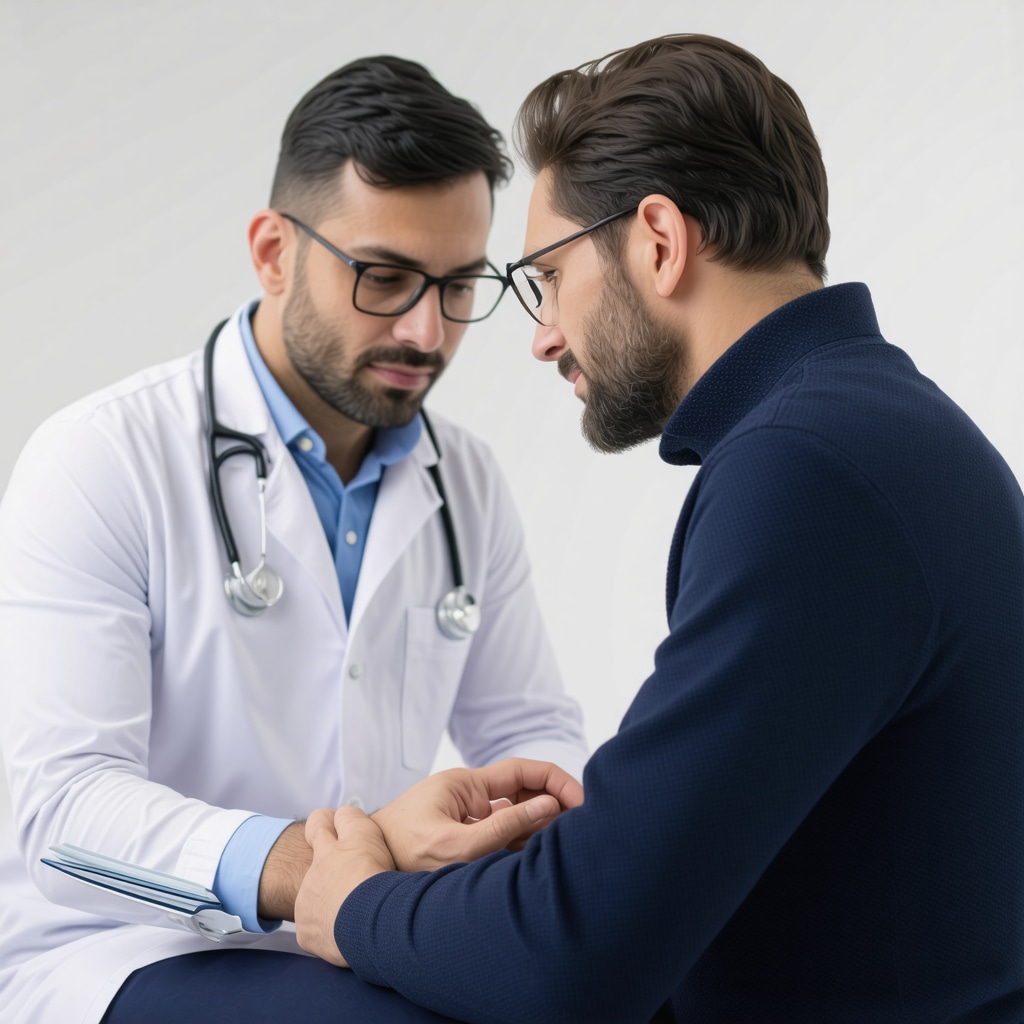 Patient consulting orthopedic surgeon about advanced workers compensation treatments