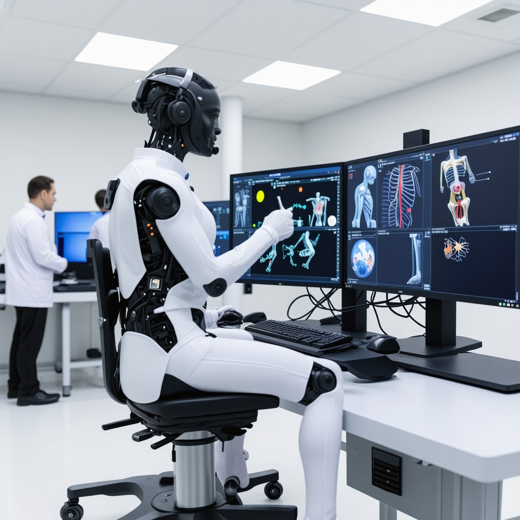 Patient in motion capture suit undergoing biomechanical analysis in orthopedic clinic