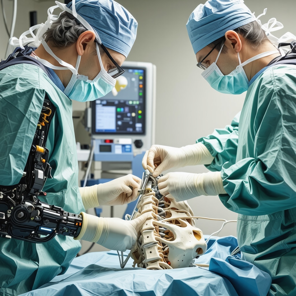 Illustration of robotic-assisted spine surgery targeting sciatic nerve decompression