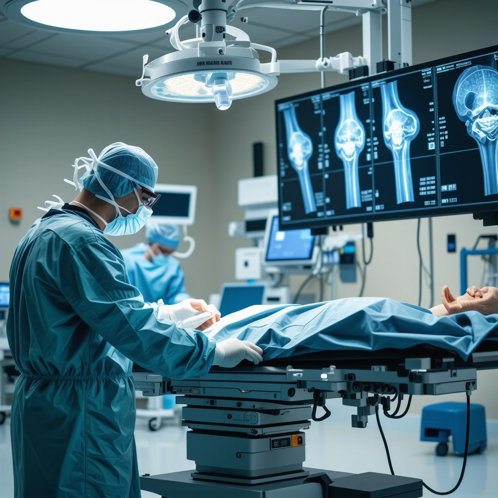 Surgeon operating robotic arm with 3D joint holograms in advanced orthopedic surgery room