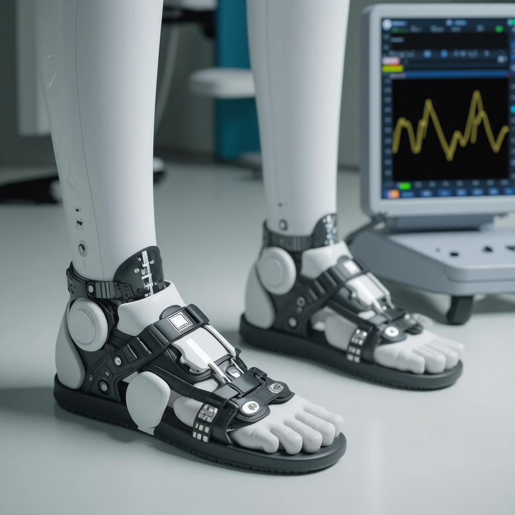 Illustration of robotic-assisted ankle surgery, 3D printed orthotics, and gait analysis technology in foot and ankle care