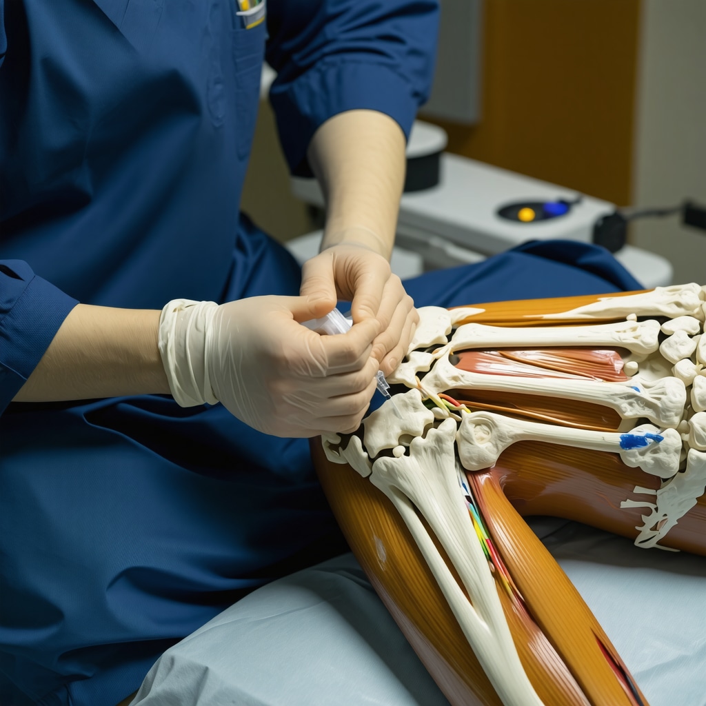 Medical professional performing ultrasound-guided knee injection with anatomical overlays
