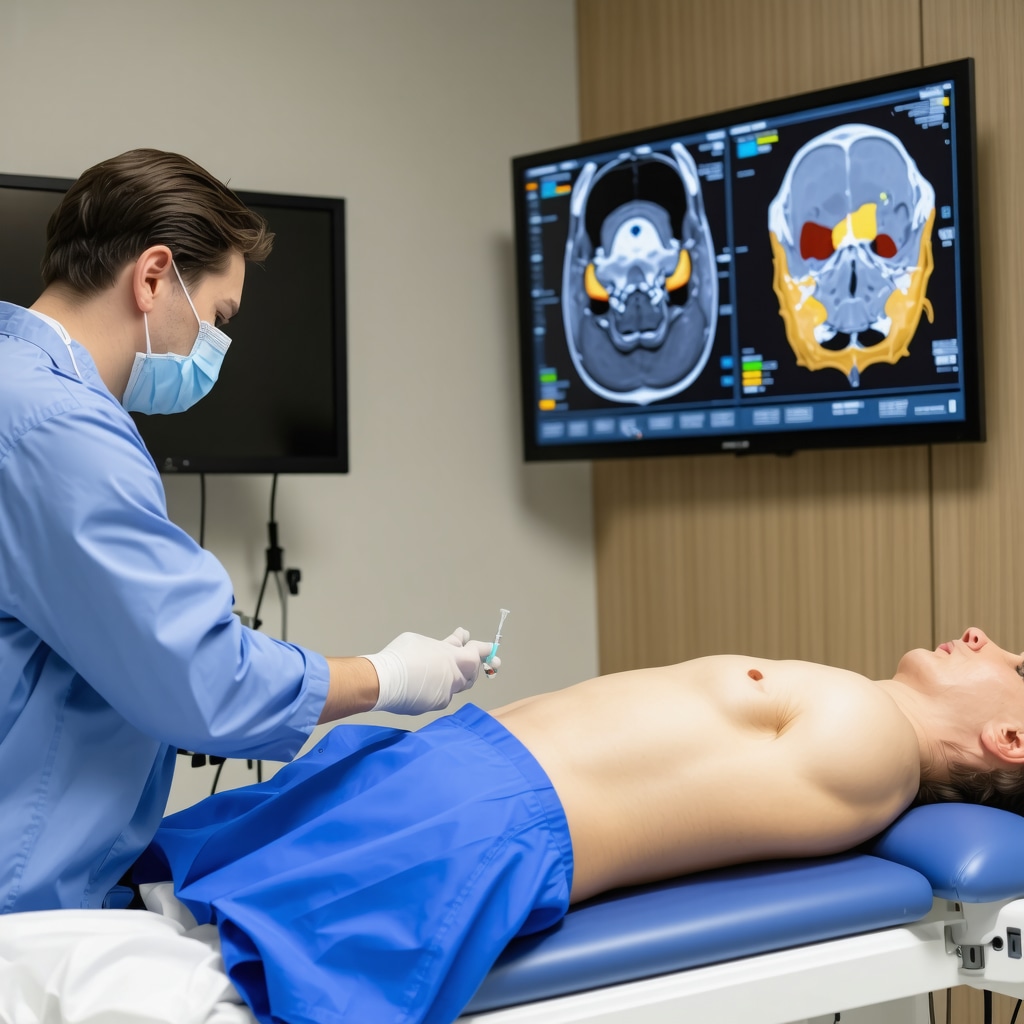 Physician performing ultrasound-guided nerve block injection on patient's lumbar spine
