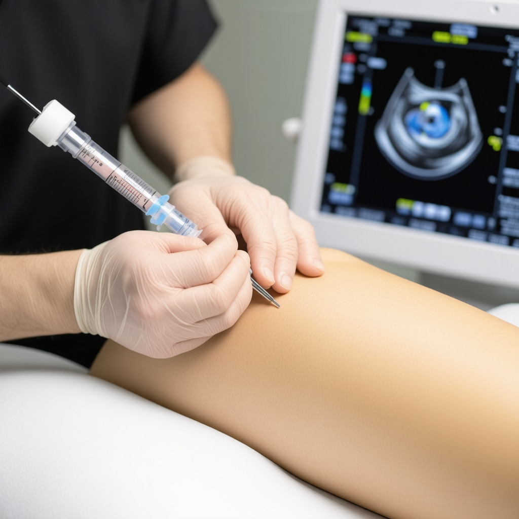 Ultrasound-guided steroid injection showing needle placement in knee joint anatomy