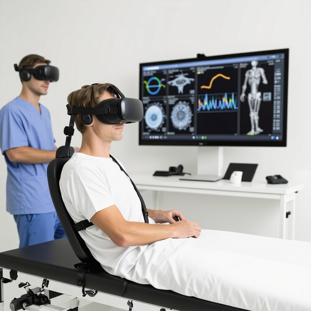 Patient undergoing spine rehabilitation using virtual reality goggles and wearable sensors monitored by orthopedic specialists