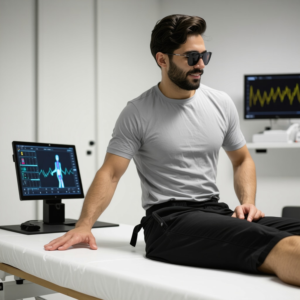 Patient using wearable sensors for neuromechanical monitoring during orthopedic rehab in clinical environment