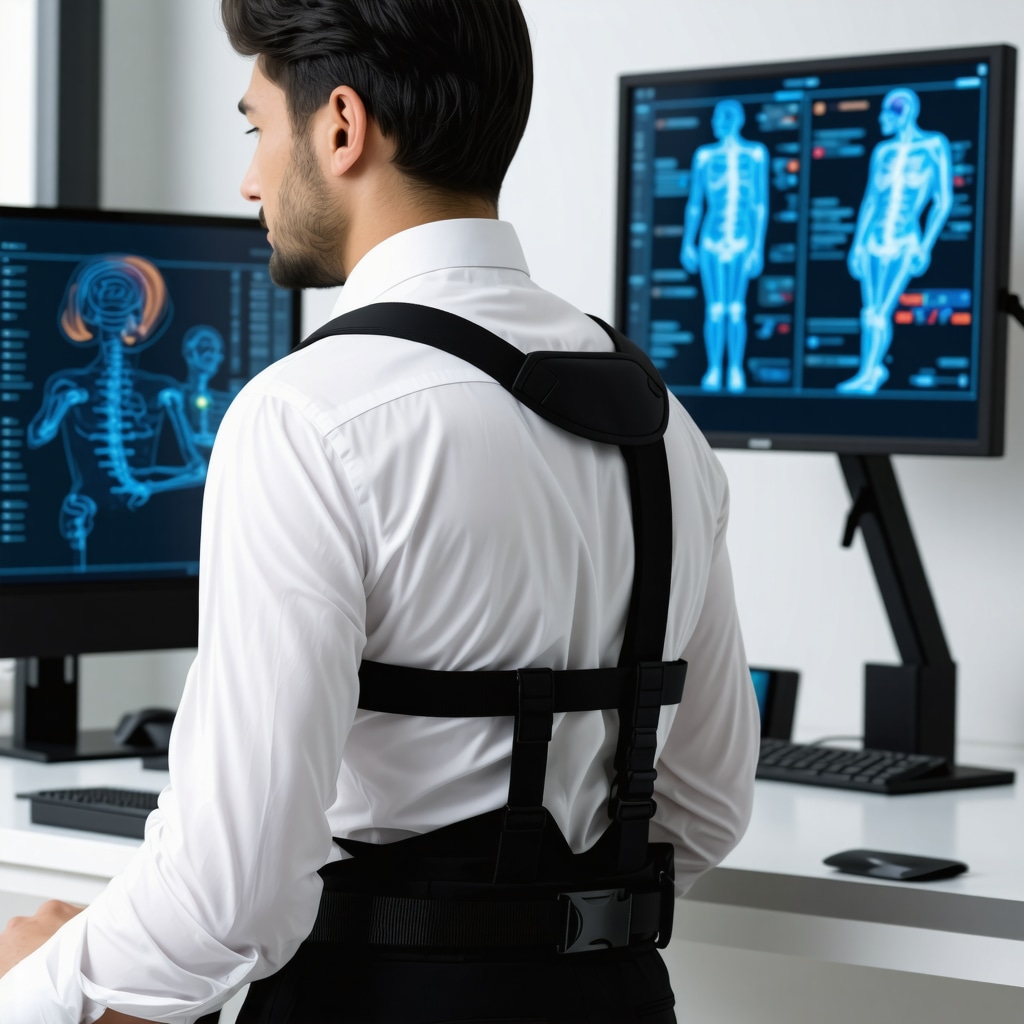 Professional using a wearable posture-correcting device with digital feedback at an office desk