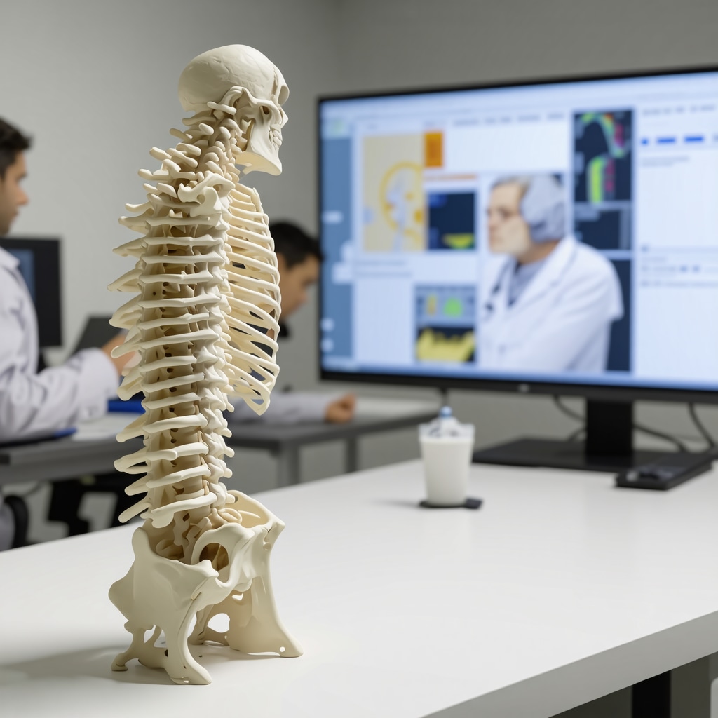 3D biomechanical spine model showing scoliosis curvature and orthopedic experts studying it
