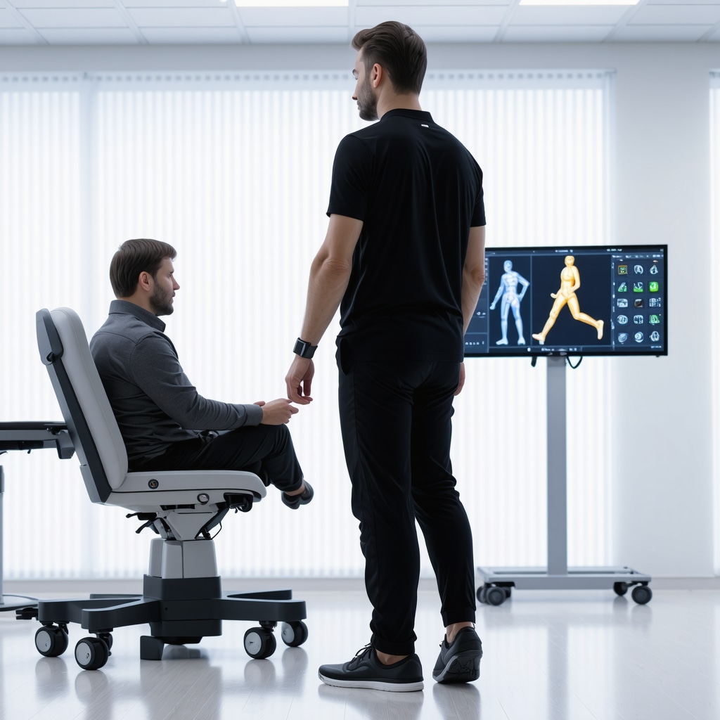 Patient undergoing 3D gait analysis with wearable sensors monitored by orthopedic specialist