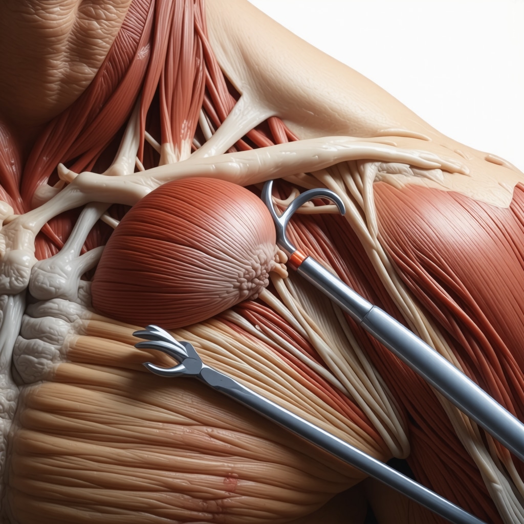 3D anatomical illustration highlighting rotator cuff tear and arthroscopic surgical tools