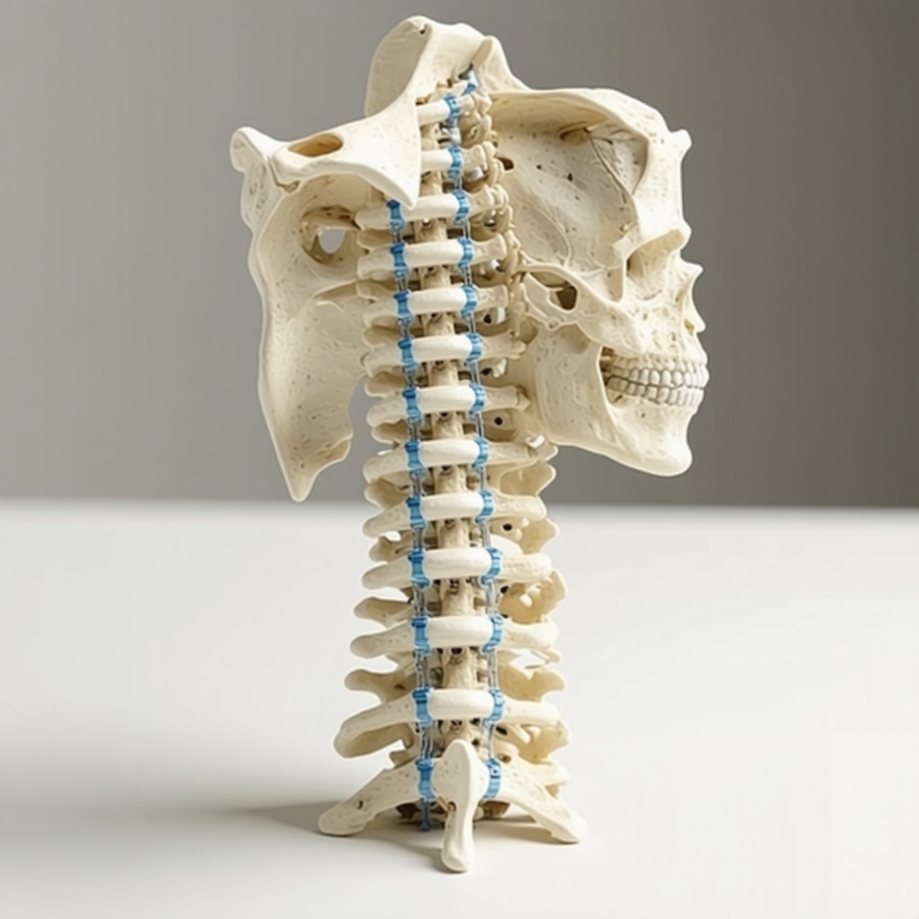3D illustration of spine with highlighted muscle chains and orthopedic posture correction devices in clinical context