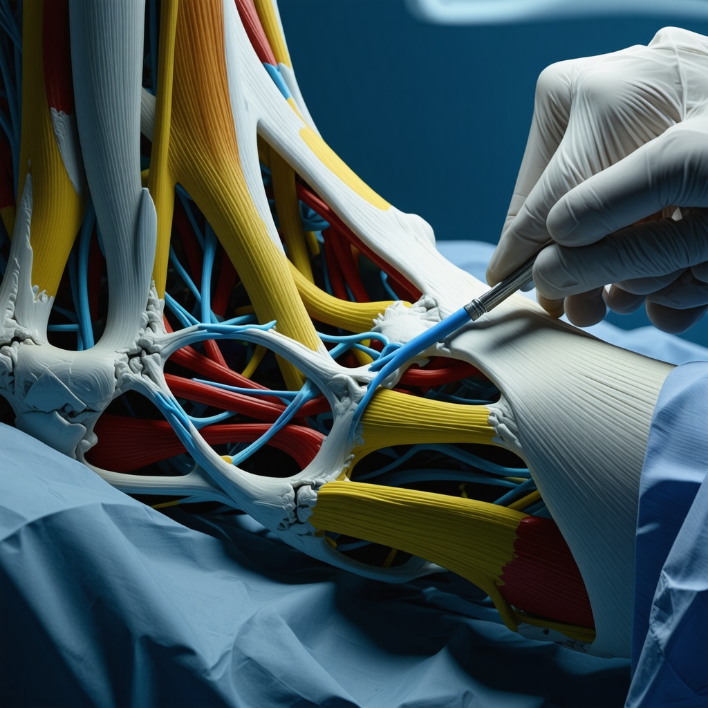3D anatomical image showing rotator cuff tendons with degeneration and robotic-assisted surgical tools using augmented reality visualization