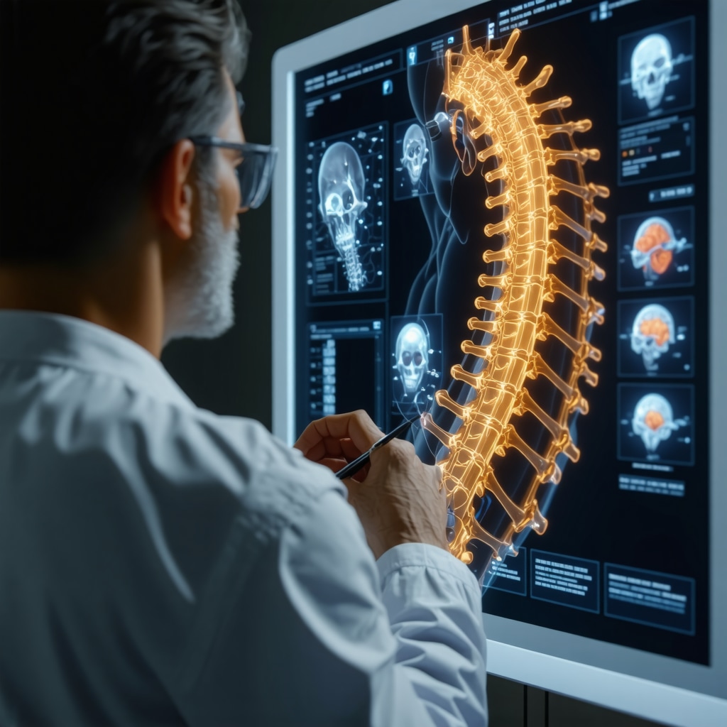 Orthopedic specialist using AI-assisted imaging technology to analyze herniated disc in a clinical environment
