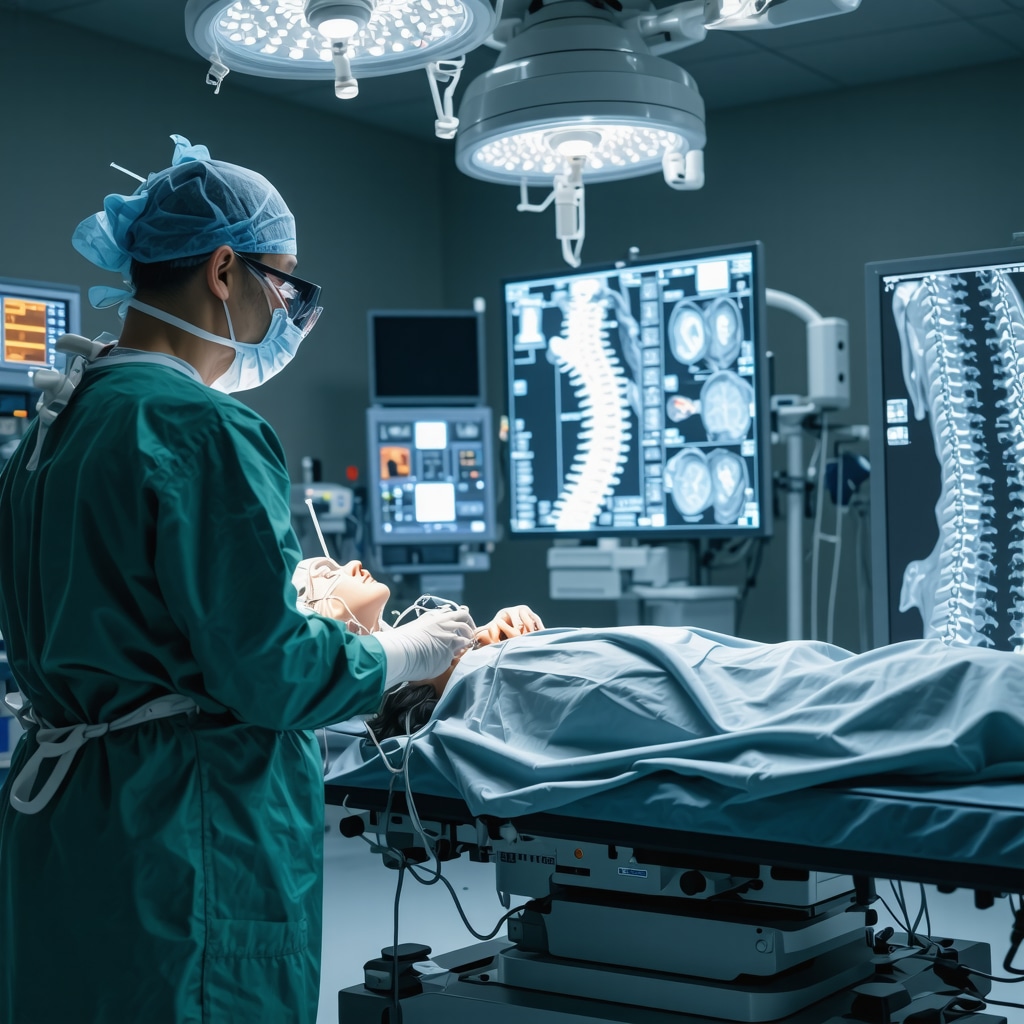 Surgeon operating with AI-assisted 3D navigation technology during minimally invasive spine surgery