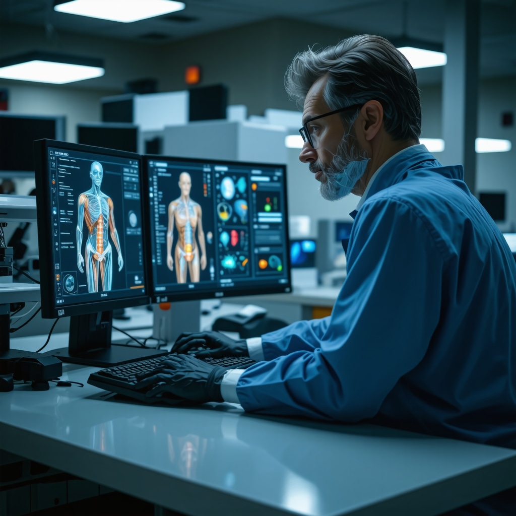 Orthopedic surgeon using AI software with patient data and ergonomic assessments displayed on screens
