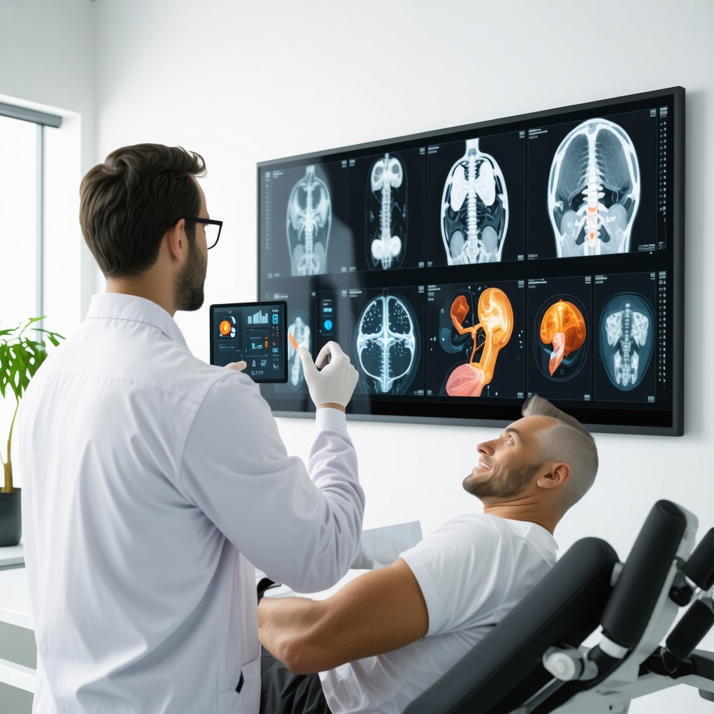 Orthopedic specialist in New Jersey analyzing AI-enhanced 3D musculoskeletal imaging with biomechanical data and patient rehabilitation