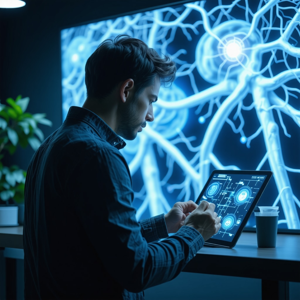 Patient undergoing AI-assisted orthopedic rehab with wearable technology and neural pathway visualization